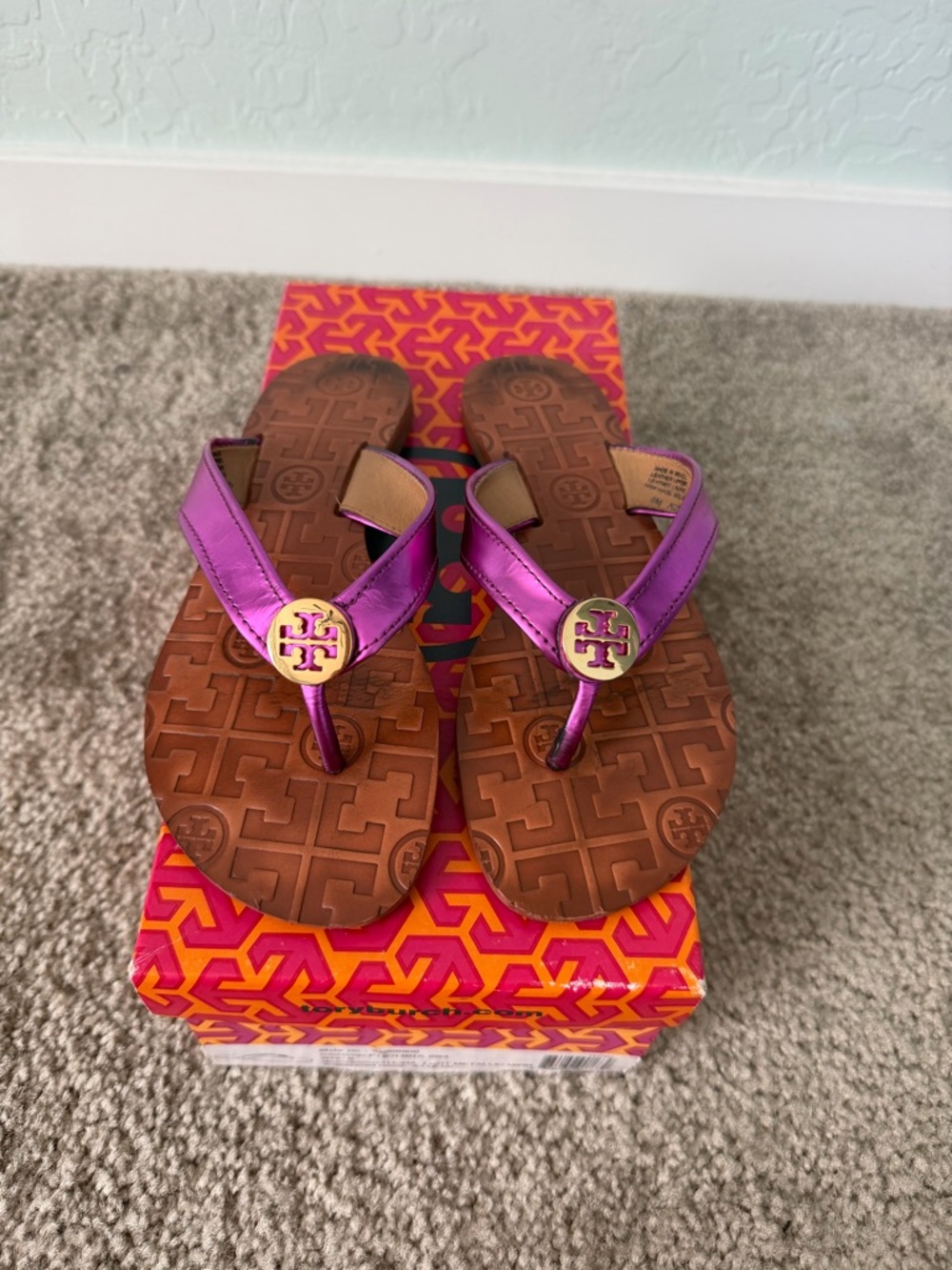 Tory Burch Purple Metallic Thong Sandals with Gold Logo